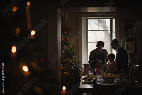 A joyful black family gathers around a festively decorated Christmas tree, sharing love, laughter, and a merry holiday dinner at home.