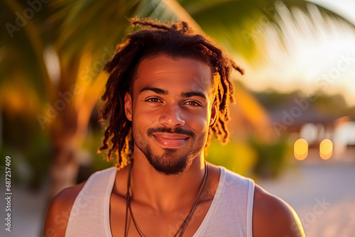 A radiant sunset illuminates the warm smile of a young man with curly dreadlocks and a carefree spirit, against a backdrop of tropical palms. photo