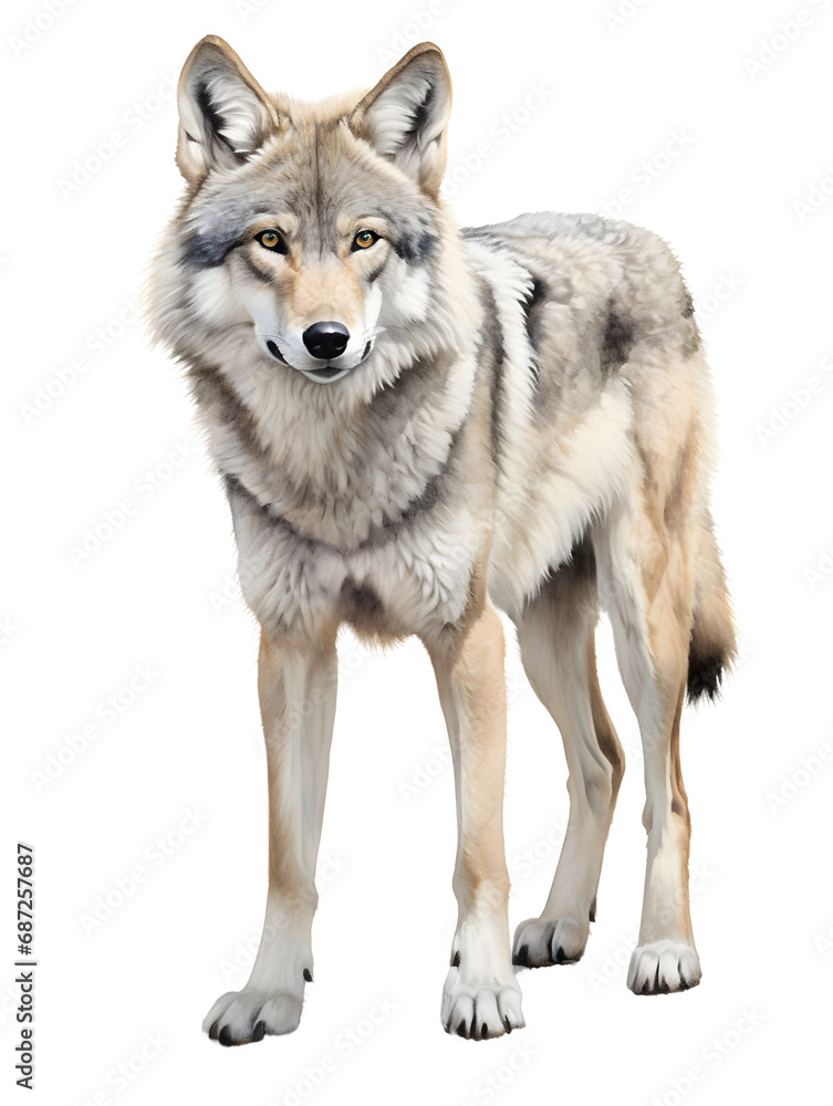 Full body wolf standing, realistic illustration, wildlife in detail, white background, majestic