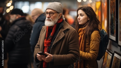 An elderly man and a younger woman attentively view artwork in a gallery, the man holding a smartphone in his hand, intergenerational interaction and appreciation of art, cultural event