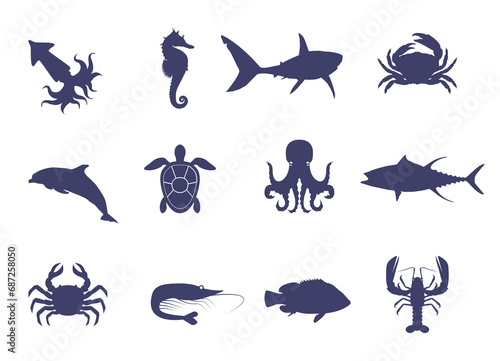 Set of silhouettes of marine inhabitants. Silhouette of shark, octopus, dolphin, crab, lobster, turtle and others