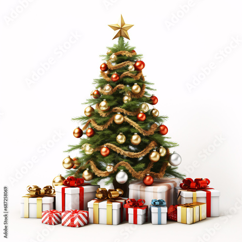 A beautifully adorned Christmas tree with presents on a pallid backdrop.