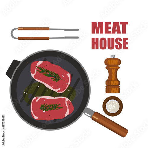 Sirloin steak in a grill pan, raw and ready to eat. Cooking barbecue Grilled food, vector illustration.