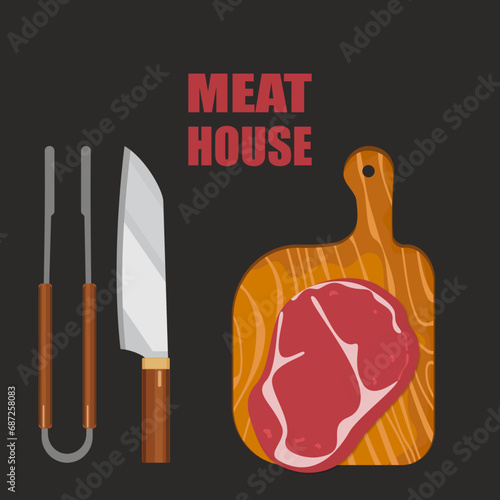 Ribeye steak on a cutting board with tongs and a knife. raw ready-eat Cooking barbecue Grilled food, vector illustration.
