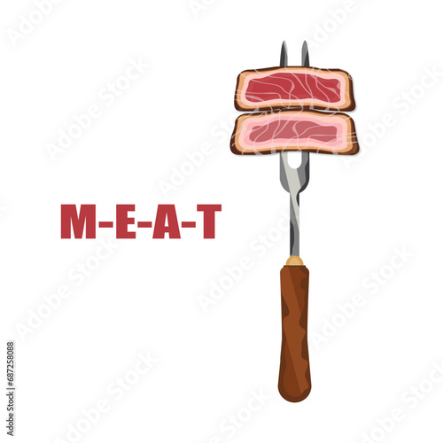 Beef steak cut into pieces, skewered on a fork, raw and ready to eat. Cooking barbecue Grilled food, vector illustration.