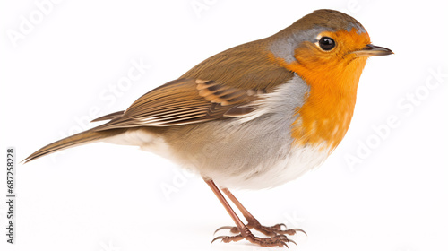 A robin (Erithacus rubecula) is solitary against a white backdrop.