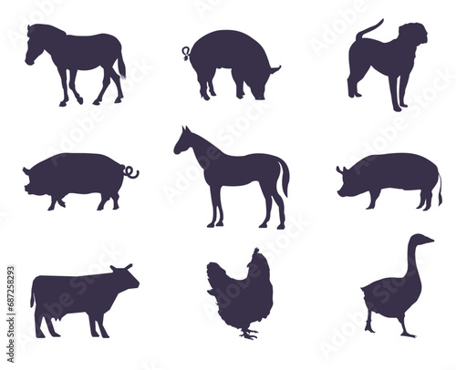 A set of silhouettes of farm animals