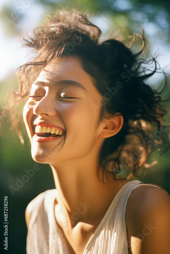 A woman gleefully laughs with a sunlit backdrop  her dynamic hair captures the carefree essence of a joyful moment.