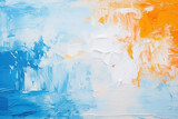 An abstract expressionist painting with bold blue and orange strokes, thick white textures, and a sense of fluid motion.