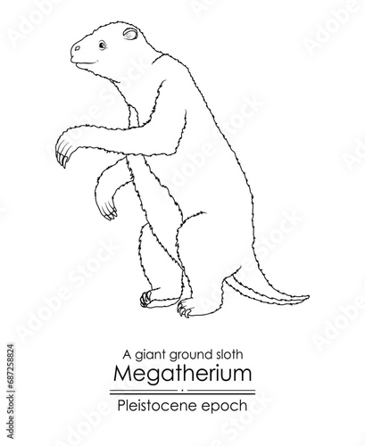 A giant ground sloth Megatherium from Pleistocene epoch.  Black and white line art, perfect for coloring and educational purposes.