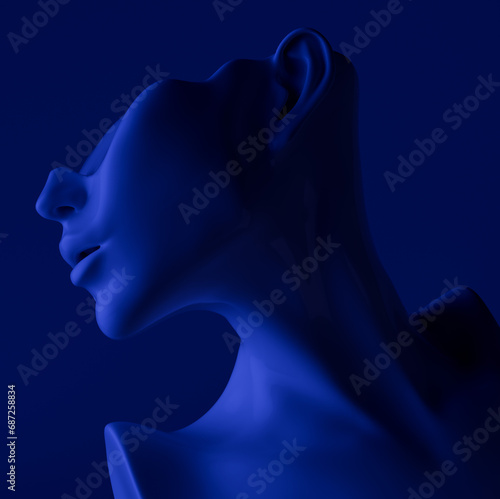 Mannequin earring Jewelry necklace display stand. Female Bust model. Accessories showcase blue background. 3d rendering.