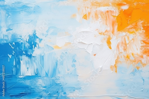 An abstract expressionist painting with bold blue and orange strokes, thick white textures, and a sense of fluid motion. photo
