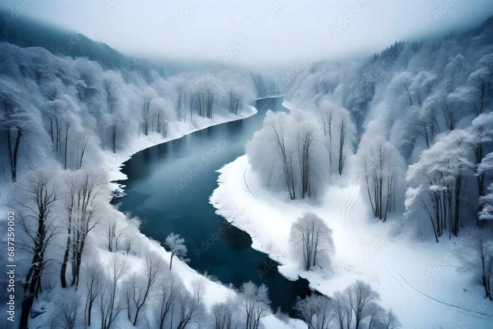 A winding river cutting through a snowy landscape, with fog weaving through the trees in a winter dance.