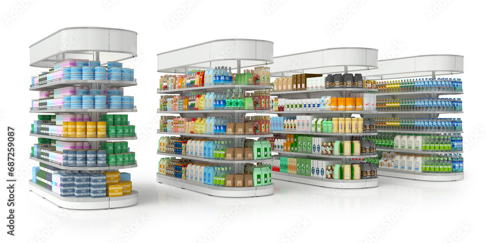 Trade shelf displays with a large topper and laid out goods. 3d illustration