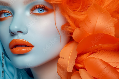 A stunning close-up portrait of a model with blue skin, contrasting orange makeup and feathers, exuding an avant-garde vibe.