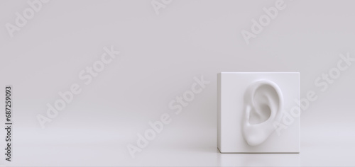 Ear white sculpture isolated. Human ear organ hearing health care concept 3d rendering