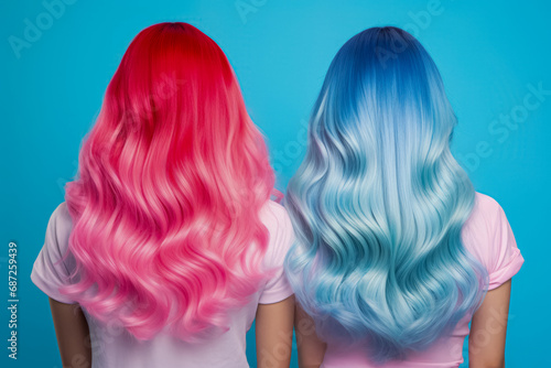 Two women stand back-to-back, one with vibrant pink and the other with bright blue wavy hair, against a turquoise background, showcasing trendy, colorful hairstyles. photo