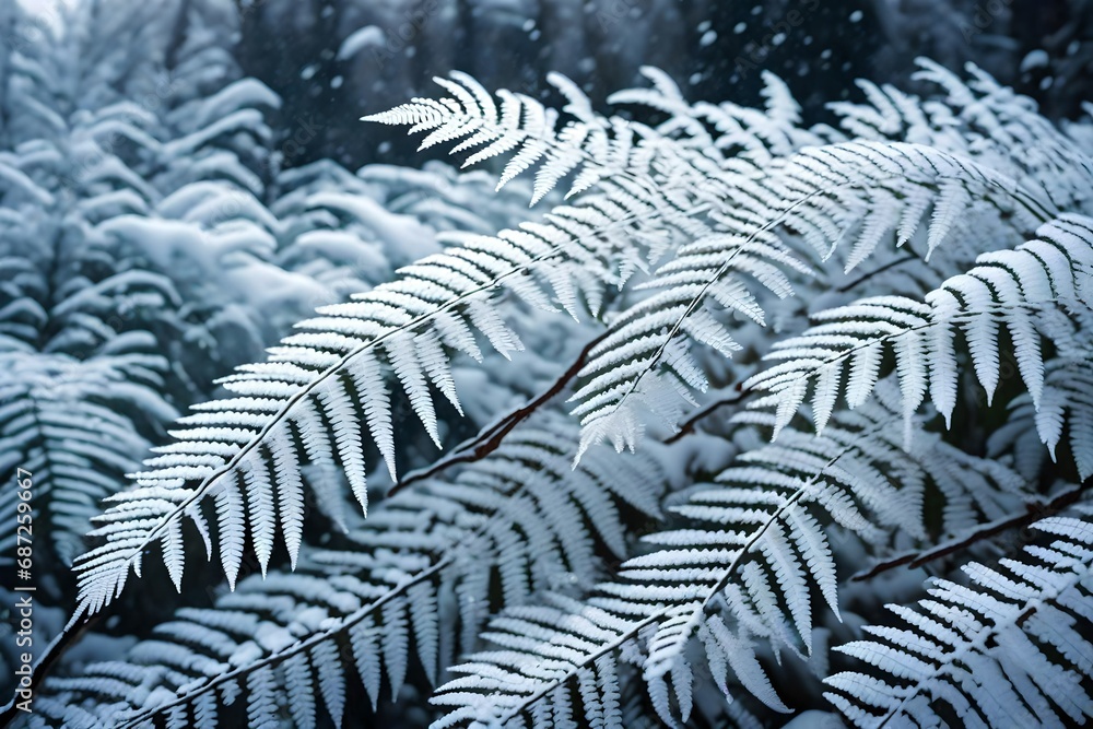 A close-up of a snow-covered fern, its delicate fronds showcasing the beauty of nature's winter artistry.