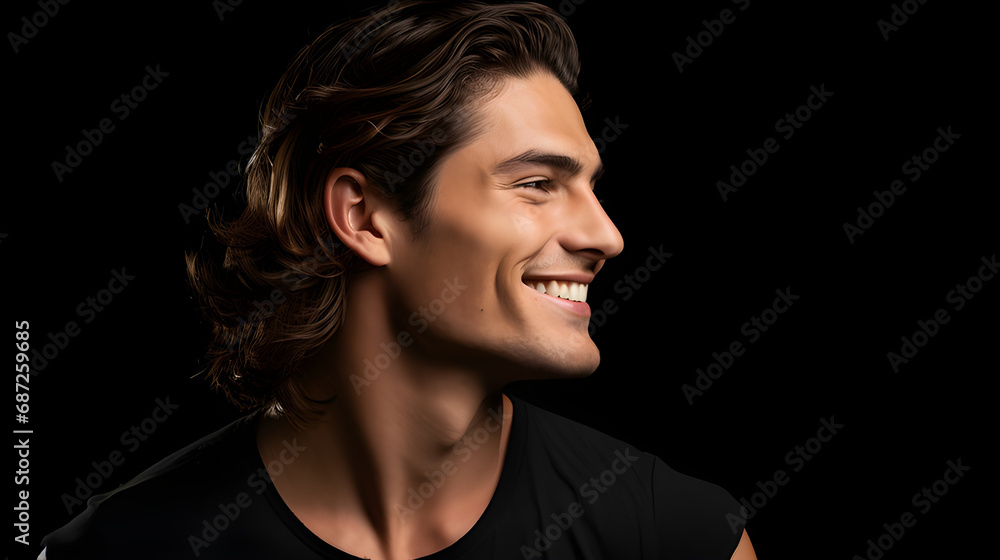 Portrait of fashionable male model, shot from the side, smiling and looking towards nose, black background