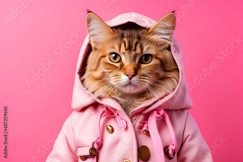 Ai generated, Cute cat wear fashionable style coat on pink background. photo