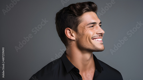 Portrait of fashionable male model, shot from the side, smiling and looking towards nose, grey background