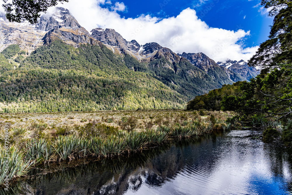 Reflections of the Southern Alps in Mirror Lakes on the South Island of New Zealand