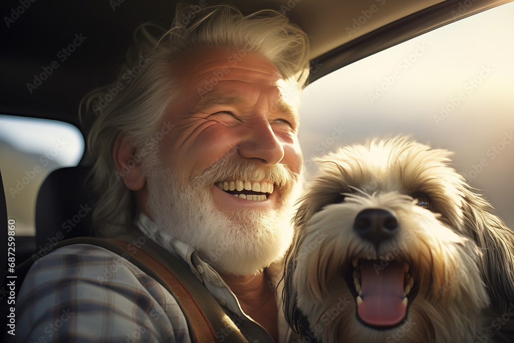 Happy senior man with his dog in a car. Traveling with pets concept Happy senior man with his dog in a car. Traveling with pets concept
