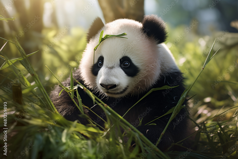 Fototapeta premium Adorable panda Happily eating On Bamboo On Tree Branch, natural habitat, wildlife conservation
