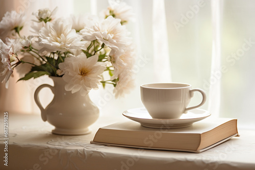 A Cozy Moment with a Steaming Cup of Coffee, an Open Book, and a Delicate Vase of Fresh Flowers on a Table, Creating a Tranquil Atmosphere of Comfort and Relaxation © Nii_Anna