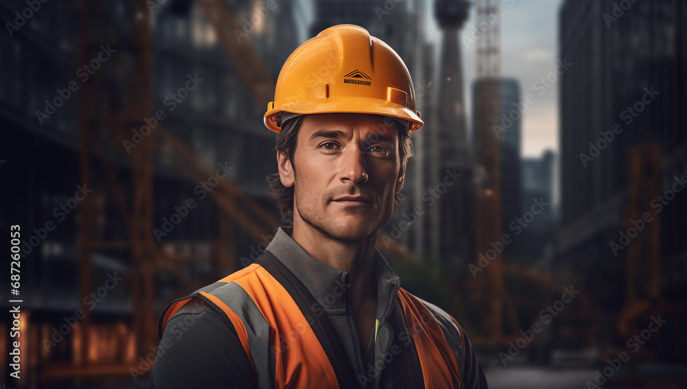 Construction worker, wearing a hard hat,and a reflective vest, stands confidently at a construction site. Industry, Engineer, construction concept Construction worker, wearing a hard hat,and a reflective vest, stands confidently at a construction site. Industry, Engineer, construction concept