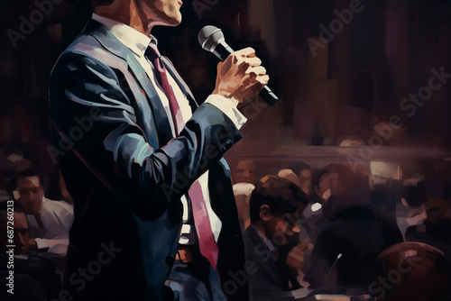 Close up of businessman holding microphone in conference hall. Business meeting concept