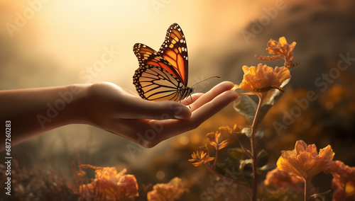 Graceful Butterfly on an Outstretched Hand Against a Serene Natural Background, Creating a Tranquil Scene of Nature's Beauty and the Delicate Connection Between Human and Wildlife © Nii_Anna