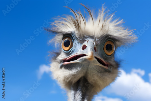 Curious funny emu bird with large eyes in front of blue sky photo