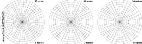 Polar grid divided into radial degree 36, 40 and 45 sectors and concentric circles. Radar screen bleep in submarine computer.