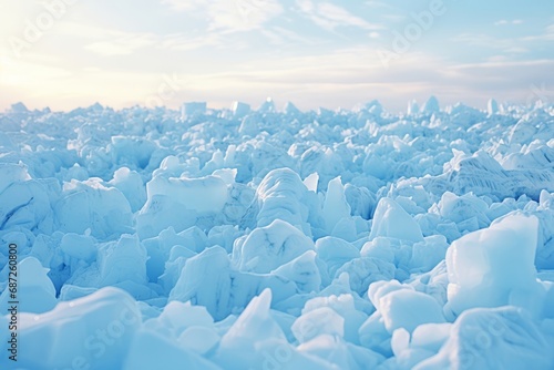 Picturesque Winter Scene. Frozen Sea with Massive Piles of Glistening Ice Crystals