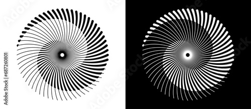 Lines in circle abstract background. Dynamic transition illusion. Black shape on a white background and the same white shape on the black side.