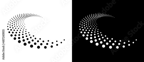 Modern abstract background. Halftone dots in circle form. Round logo. Vector dotted frame. Design element or icon. Black shape on a white background and the same white shape on the black side. photo