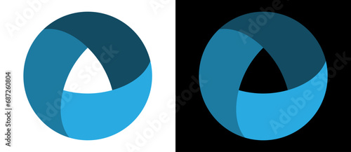 Blue circle with 3 parts. View to the same picture on white and black background.