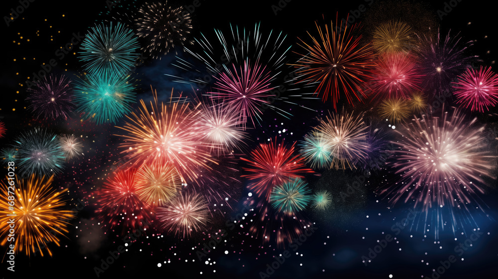 Colorful fireworks on the black background. Happy new year celebration.