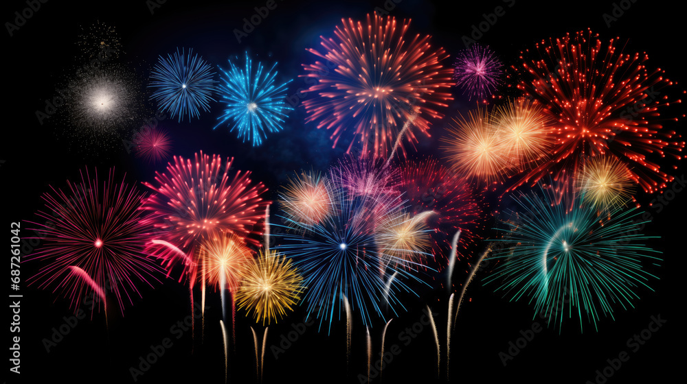 Colorful fireworks on black sky background. Happy new year celebration.
