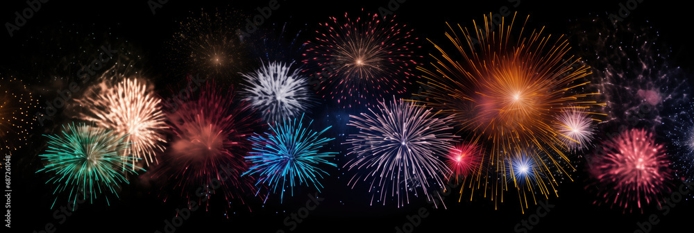 Naklejka premium Colorful fireworks on black background. Fireworks illustration for your design.