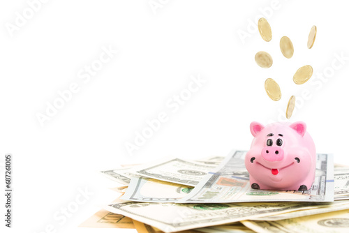 Pink piggy bank, dollars on a white background. savings concept, fundraising. coins photo