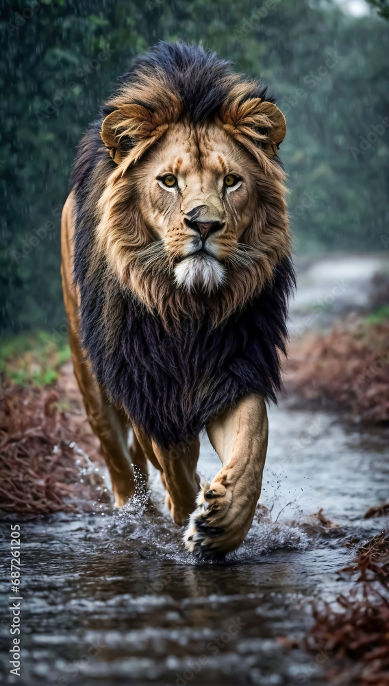 Obraz premium King of the jungle Lion with magnificent look and intimidating and ready to attack