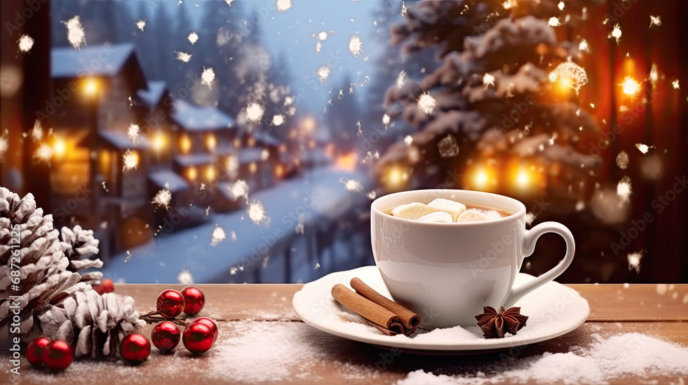 Cup of hot chocolate with marshmallows on a rustic wooden table, cozy Christmas atmosphere Cup of hot chocolate with marshmallows on a rustic wooden table, cozy Christmas atmosphere