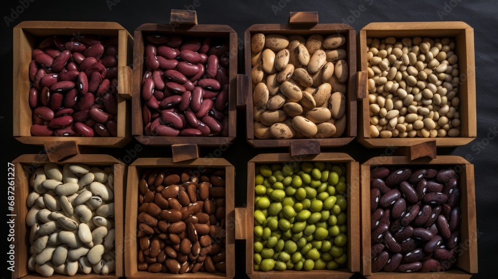 top view of different beans in form in small wooden cages, 16:9 top view of different beans in form in small wooden cages, 16:9