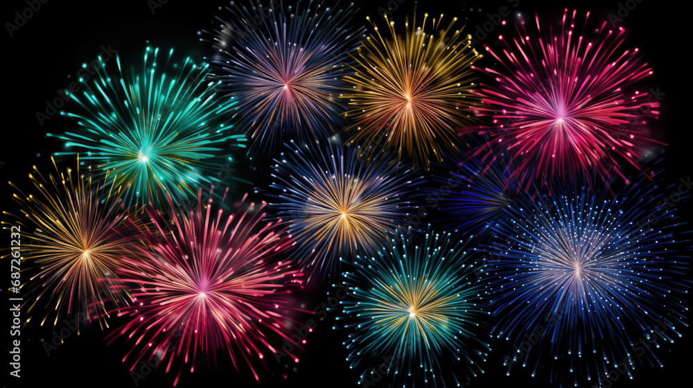 Close-up Fireworks isolated on black background. Fireworks illustration background.