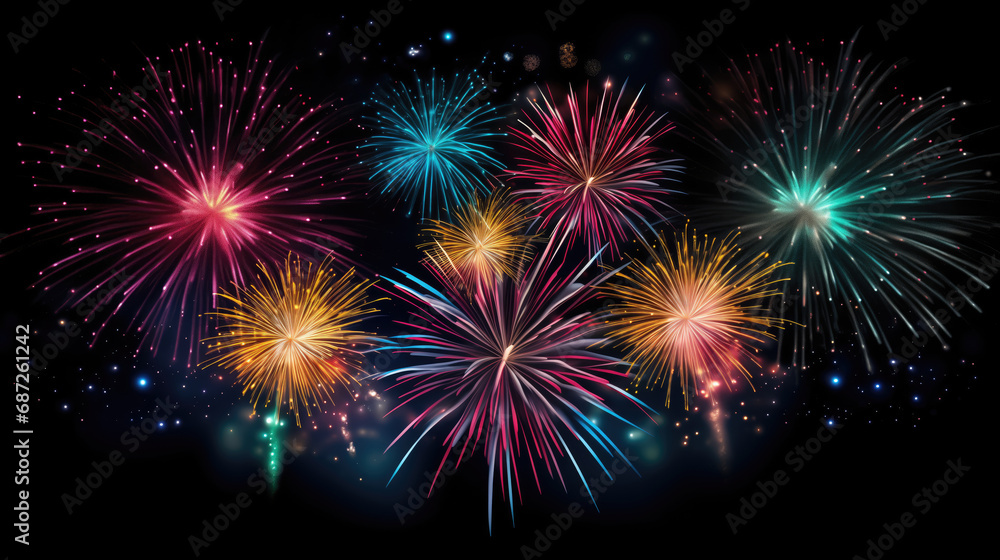Colorful fireworks explode illustration on black background.