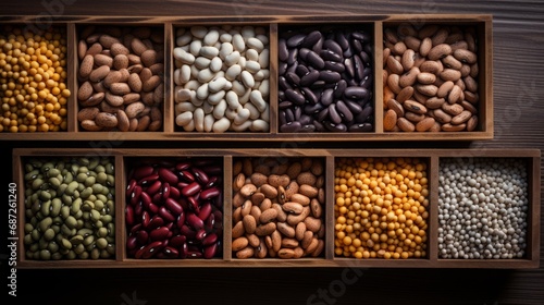 top view of different beans in form in small wooden cages, 16:9