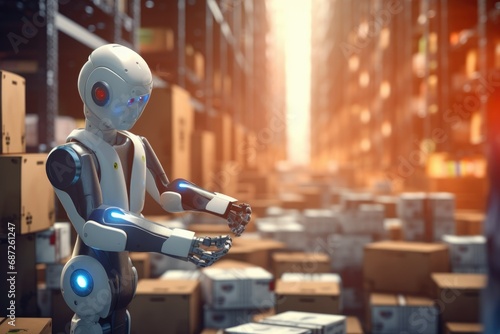 Wallpaper Mural Robot in a warehouse with boxes. Issuing orders. Logistics center for storing goods. Automation and workability Torontodigital.ca