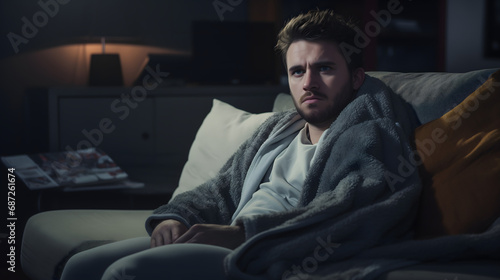 Man Watching TV Wrapped in Blanket at Night